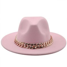 This formal women fedora hat is made of soft, comfortable cotton fabric, offering a luxury look and classic style. The oversized chain and unique brim are perfect to complete any look. Wear it during all seasons in any formal occasion, perfect for the modern woman Elegant Gold Fedora Felt Hat, Elegant Gold Felt Fedora Hat, Gold Fedora With Curved Brim For Party, Gold Wide Brim Fedora For Party, Elegant Solid Color Felt Hat For Spring, Elegant Felt Hat For Spring, Elegant Solid Felt Hat For Spring, Elegant Pink Brimmed Fedora, Elegant Pink Wide Brim Fedora