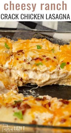 cheesy ranch chicken lasagna in a baking pan with text overlay