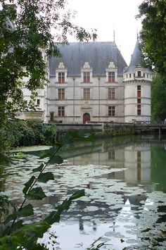 a large building sitting on top of a lush green field next to a river filled with water lilies