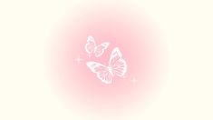 three white butterflies flying in the air on a pink and cream background with stars around them