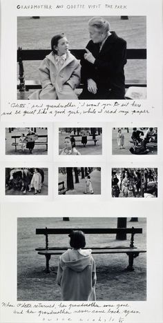 an old black and white photo shows people sitting on a park bench, talking to each other