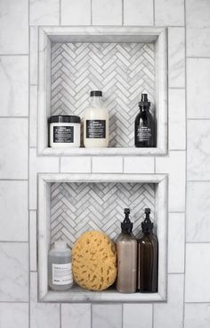 two white shelves filled with different types of soaps and lotions on top of each other