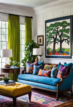 a living room filled with furniture and green curtains