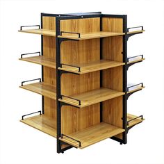 three tiered shelving unit with wooden shelves