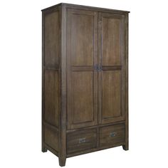 an armoire with two doors and drawers on the bottom, in dark brown wood