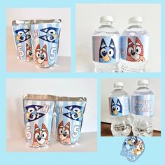 four different images of cartoon characters in plastic cups and water bottles with labels on them