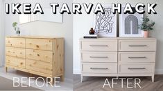 before and after photos of ikea tarava hacket with white painted furniture in the background