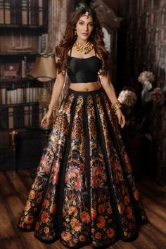 Shop for Archana Kochhar Black Raw Silk Paradise Printed Lehenga And Blouse Set for Women Online at Aza Fashions Lehenga And Blouse, Printed Lehenga, Black Lehenga, Corset Blouse, Lehenga Blouse Designs, Lehenga Blouse, Designer Dresses Casual, Party Wear Indian Dresses, Lehenga Designs