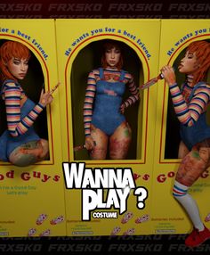 two mannequins with tattoos on their arms and legs in front of a yellow box