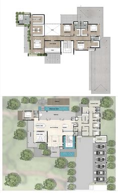 the floor plan for this modern house is very large and has two pools in it