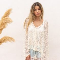 Boho Poncho Women Summer Knit Poncho Beige Sweater See - Etsy Bohemian Open Knit Poncho For Beach, Summer Bohemian Open Knit Poncho, Open Knit Summer Beach Poncho, Beach Poncho In Open Knit One Size, Beach Open Knit Poncho One Size, Bohemian Wrap, Boho Poncho, Beige Boho, Ladies Poncho