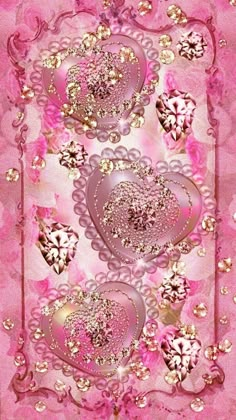 a pink and gold valentine's day card with hearts in the center, surrounded by flowers