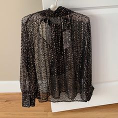 New Zara Black Shirt With Black And Light Gold Beads. V Neck In The Back With Tying Straps. Tag Attached Elegant Long Sleeve Sequin Shirt, Elegant Black Embellished Shirt, Black Embellished Shirt For Party, Embellished Long Sleeve Party Shirt, Chic Beaded Blouse For Party, Elegant Beaded Tops For Night Out, Glamorous Black Top For Festive Occasions, Black Embellished Top For Work, Black Elegant Embellished Blouse