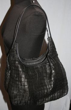 "Welcome!  Here you will find a vintage Desmo black purse / handbag.  It has a \"checked\" accordion fabric chiffon outer shell.  Inside it has a small zippered pocket.   It is in excellent condition - no damage.  It measures 12\" wide x 4\" deep x 12\" tall with a strap drop of 10\"." Chiffon Outer, Large Handbag, Black Purse, Large Handbags, Black Purses, Rebecca Minkoff Hobo, Purses And Handbags, Etsy Accessories, Bathing Beauties