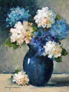 a painting of blue and white flowers in a vase