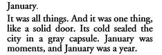 a poem written in black and white with the words january, it was all things and it was one thing like a solid door