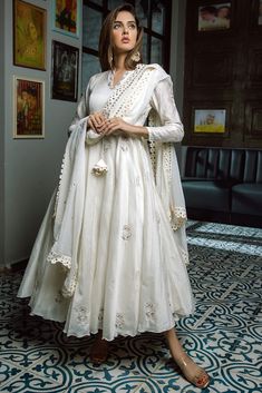 Off-White Sequins Embroidered Anarkali Set by El:sian Studeios at Pernia's Pop Up Shop 2024 White Anarkali Dress, White Anarkali Suits, Off White Anarkali, Kurta And Dupatta, Anarkali Designs, White Anarkali, White Dress Outfit, White Lehenga, Desi Outfits