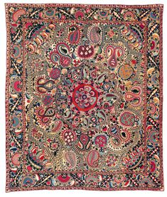 an antique rug with many different colors and patterns