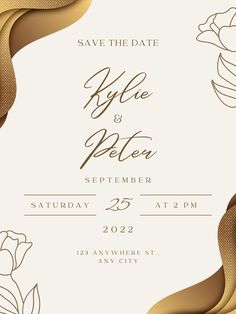 an elegant save the date card with gold swirls and roses on it, as well as