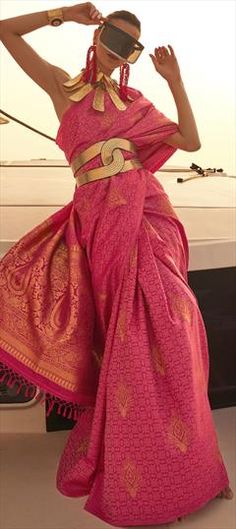 Pink and Majenta color Saree in Satin Silk, Silk fabric with Weaving work Luxury Art Silk Saree For Puja, Luxury Katan Silk Pre-draped Saree, Party Wear Saree, Wear Saree, Satin Silk, Party Wear Sarees, Silk Satin, Silk Fabric, Party Wear