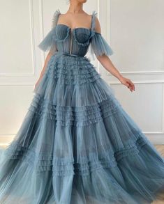 Details: -Celestial blue color -Plasair tulle fabric -A-line with waist definition -For special occasions Prom Dresses Long Blue, Ruffles Bridesmaid Dresses, Ruffled Gown, Tulle Evening Dress, Sweetheart Prom Dress, Fairytale Dress, Prom Dresses Blue, Marchesa, Evening Dresses Long