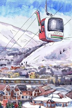 a watercolor painting of a cable car in the air over houses and snow covered mountains