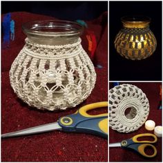 crocheted vases and scissors are shown in three different pictures, including one with lace on it