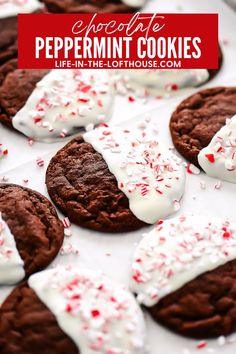 chocolate peppermint cookies with white frosting and sprinkles on top