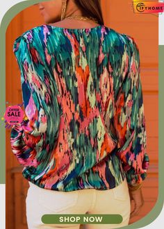 Green V Neck Abstract Print Long Sleeve Shirt Style Cardigan, Pullover Shirt, V Neck Blouse, Abstract Watercolor, Exquisite Design, Watercolor Print, Printed Blouse, Abstract Print, Long Sleeve Pullover