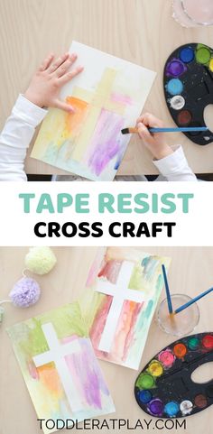 kids are painting with watercolors on paper and using tape resisti cross craft