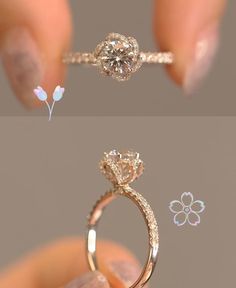 two different views of a diamond ring being held by someone's hand with their fingers