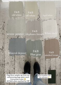 a person standing on top of a wooden floor next to paint swatches in different colors