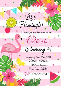 a pink flamingo birthday party with tropical leaves and flowers