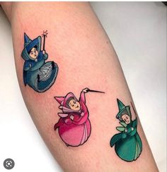 three wizard tattoos on the legs of someone's leg, one with a wand