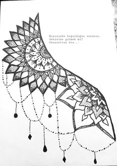 a black and white drawing of a bird with an intricate design on it's back