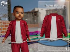 an animation image of a boy in red tracksuits and white t - shirt