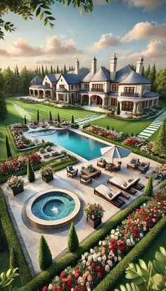 an artist's rendering of a large mansion with a pool