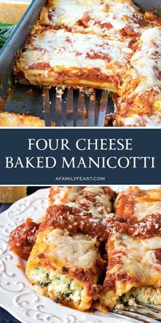 four cheese baked manicotti on a plate with a fork