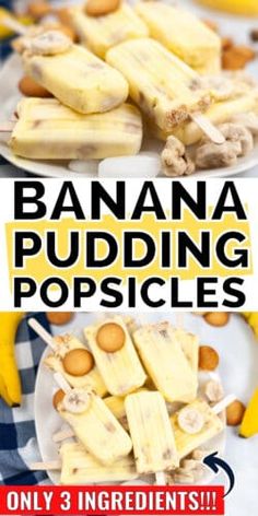 banana pudding popsicles on a plate with bananas in the background and text overlay