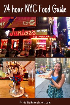 a woman standing in front of a restaurant with the words 24 hour nyc food guide