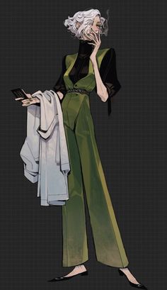 a drawing of a woman in green pants and black shirt holding a cell phone to her ear