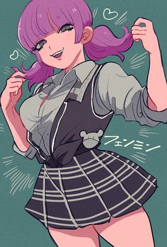 a drawing of a girl with purple hair wearing a school uniform and holding a pencil in her hand