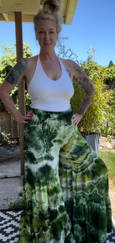 Made from 100% woven Rayon Light, these tiered pants have bohemian flare!   Comfortable and easy to wear with elastic waistband and two gathered tiers in the pant legs.  US Women's size small. measurements: waist: 14-21"(stretched) inseam: 32" rise: 14" hip: 23" Tiered Pants, Womens Trousers, Capri Pants, Porter, Tie Dye, Womens Sizes, Clothes For Women, Pants, How To Wear