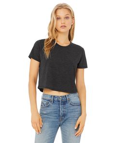 Ladies' Flowy Cropped T-Shirt - DARK GRY HEATHER - L | Bella + Canvas Women's Flowy Cropped T-Shirt in Dark Grey Heather Size Large | Polyester Blend Flowy Crop Top, Crop Top Tees, Crop Top Shirts, Long Crop Top, Cropped T Shirt, Sleeves (women), Crop Tshirt, High Waisted Denim, Crop Tee