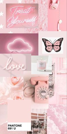 pink and white collage with the words love written on it