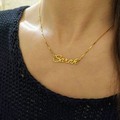 18k Gold Plated - Custom Made Necklace - Gold Nameplate Chain - Name Pendant - Cursive Font - Sarah . . . . . . . . . . . . . . . . . . . . . . . . . . . . . . . . . . . . . . . . . . . . . . . . . . . . . . . . .  Looking for a thoughtful gift for your loved one?  You will love this high quality 18k gold plated Custom made Necklace.  This is a perfect gift for your girlfriend or wife.  Personalize it with her name in a beautiful font. This lovely 18k gold plated custom made Nameplate Chain is m Elegant Name Pendant Chain Necklace, Elegant Pendant Chain Necklace With Name, Yellow Gold Name Chain Necklace Gift, Gold Nameplate Chain Necklace For Personalized Gift, Gold Chain Necklace With Nameplate For Personalized Gift, Gold Chain Necklace With Name For Gift, Yellow Gold Plated Necklaces For Anniversary, Gold Hallmarked Necklace For Personalized Gift, Gold Pendant Chain Necklace With Name