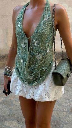 🌱🥑🦎        #BohoChic #GreenEmbellishedTop #WhiteEyeletSkirt #SummerOutfit #CasualElegance #StreetStyle #LayeredJewelry #ChicAccessories #QuiltedBag #BohemianStyle #EffortlessGlam #DayOutfit #EmbroideredTop #TrendyLook #FashionInspo Summer In Ibiza Aesthetic, Ibiza 2024, Aesthetic Ropa, Styling Clothes, Outfit Night, Europe Outfits, Chique Outfits, Party Pants