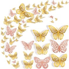 PRICES MAY VARY. What You Get: 72 pieces of 3D butterflies, including 2 colors, gold and rose gold, 36 pieces of each color in 3 different styles, 12 pieces of each style, 3 sizes of each style, and enough double-sided tape. Special Materials: This butterfly uses gold and silver cardboard as raw material, which is light, thin and strong, and has the advantages of waterproof, corrosion resistance and wear resistance. Strong Stickiness But Removable: You just need to stick the double-sided tape on Butterfly Wedding Decorations, 3d Butterfly Wall Decor, 3 Butterflies, Butterfly Party Decorations, Decorations Birthday Party, Rose Gold Lights, Rose Gold Butterfly, 3d Butterfly Wall Stickers, Butterfly Wall Decor