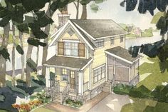 this is an artist's rendering of a house in the woods with lots of trees