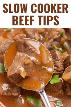 a spoon full of slow cooker beef tips